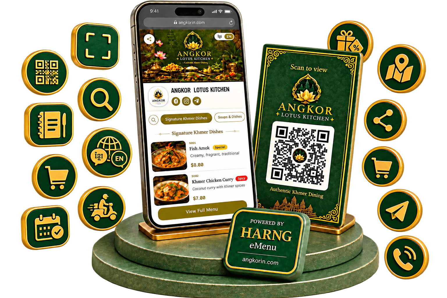 A digital menu on a phone beside its QR code and key Harng features