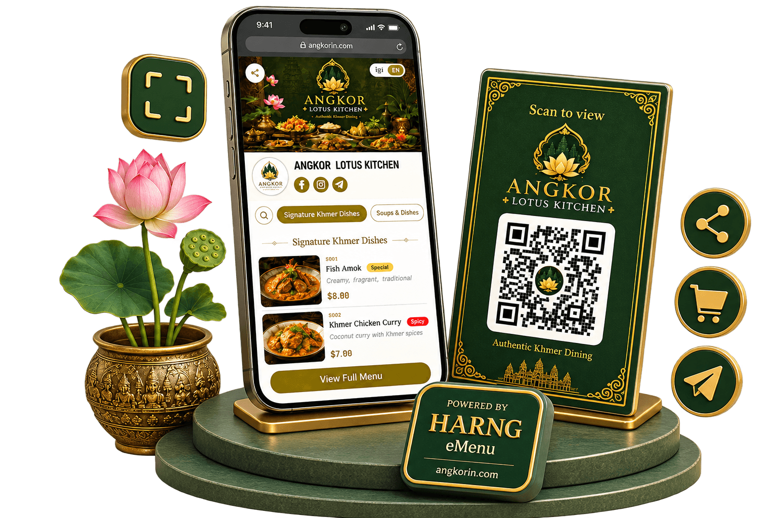 A digital restaurant menu on a phone beside a QR card customers can scan